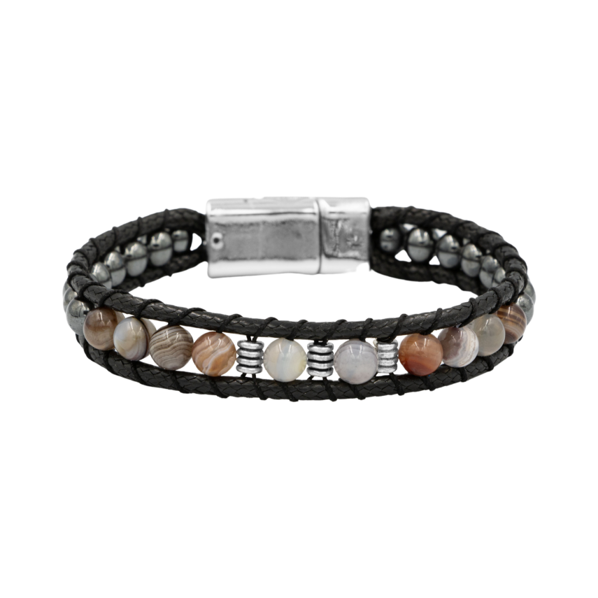 Botswana Akiği-Hematit Doğal Taş Erkek Makrome Bileklik - 1