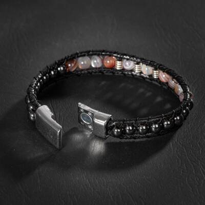 Botswana Akiği-Hematit Doğal Taş Erkek Makrome Bileklik - 2