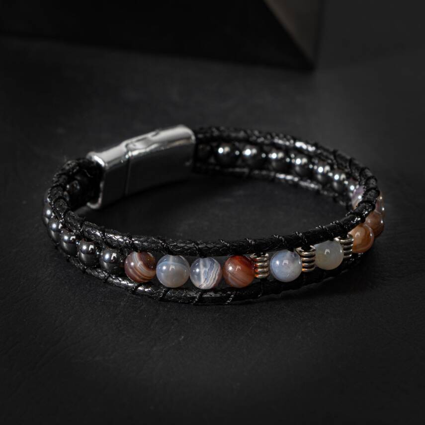 Botswana Akiği-Hematit Doğal Taş Erkek Makrome Bileklik - 3