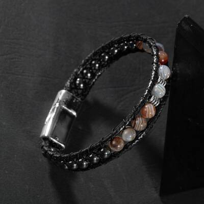 Botswana Akiği-Hematit Doğal Taş Erkek Makrome Bileklik - 5