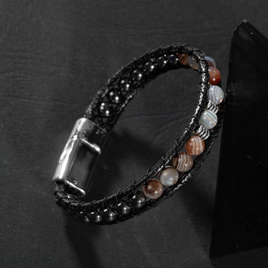 Botswana Akiği-Hematit Doğal Taş Erkek Makrome Bileklik - 5