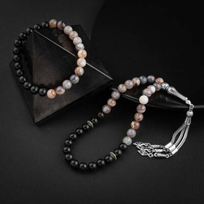 Botswana Akiği-Obsidyen Doğal Taş Tesbih Bileklik Seti - Osmanlı Doğaltaş