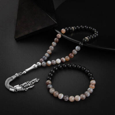 Botswana Akiği-Obsidyen Doğal Taş Tesbih Bileklik Seti - 3