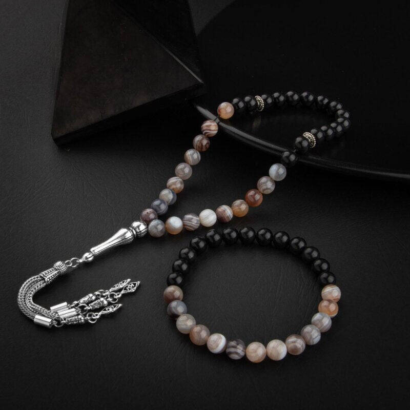 Botswana Akiği-Obsidyen Doğal Taş Tesbih Bileklik Seti - 3