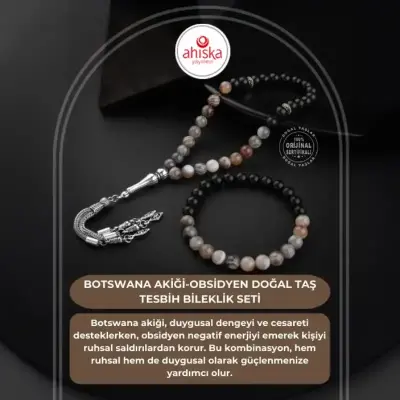 Botswana Akiği-Obsidyen Doğal Taş Tesbih Bileklik Seti - Doğal Taş (1)