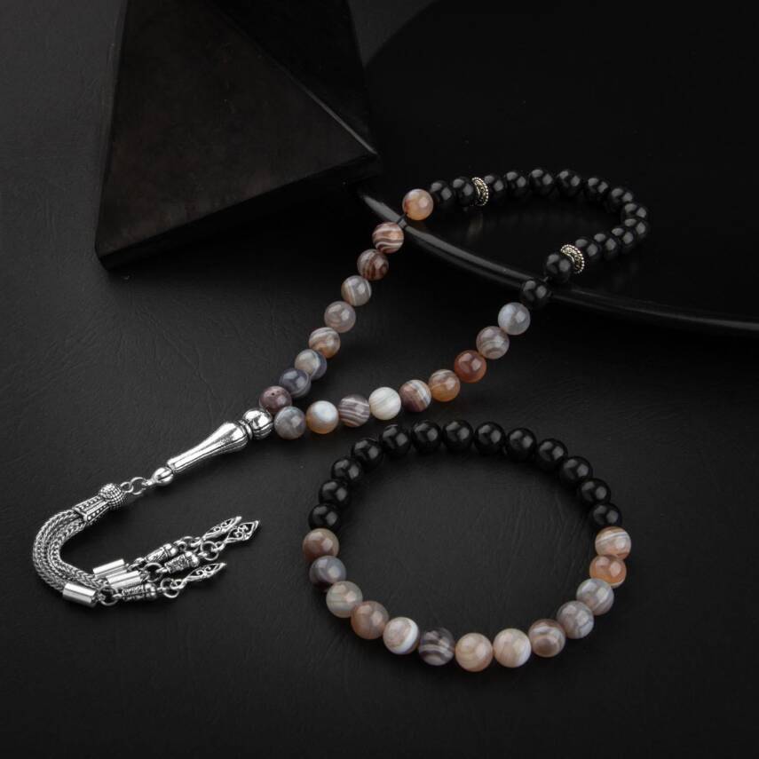 Botswana Akiği-Obsidyen Doğal Taş Tesbih Bileklik Seti - 3