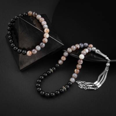 Botswana Akiği-Obsidyen Doğal Taş Tesbih Bileklik Seti - 4