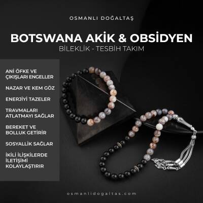 Botswana Akiği-Obsidyen Doğal Taş Tesbih Bileklik Seti - 5