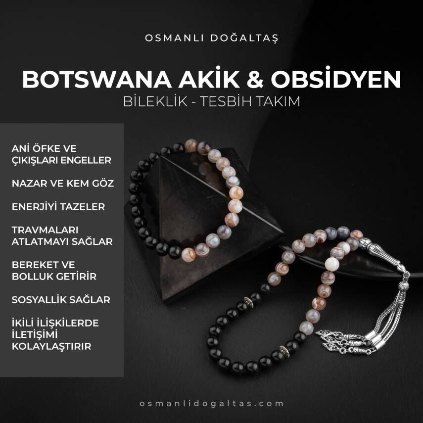 Botswana Akiği-Obsidyen Doğal Taş Tesbih Bileklik Seti - 5