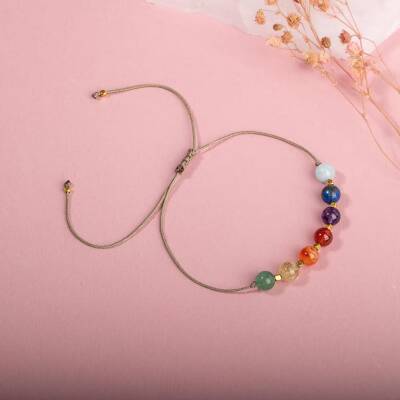 Çakra-Akuamarin-Karnelyan Akik-Yeşil Aventurin-Lapis-Sitrin-Ametist-Kırmızı Akik Doğal Taş Bileklik - 2