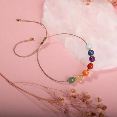 Çakra-Akuamarin-Karnelyan Akik-Yeşil Aventurin-Lapis-Sitrin-Ametist-Kırmızı Akik Doğal Taş Bileklik - 3