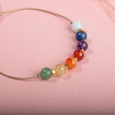 Çakra-Akuamarin-Karnelyan Akik-Yeşil Aventurin-Lapis-Sitrin-Ametist-Kırmızı Akik Doğal Taş Bileklik - 4