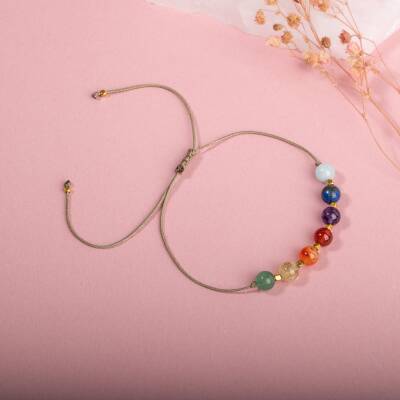 Çakra-Akuamarin-Karnelyan Akik-Yeşil Aventurin-Lapis-Sitrin-Ametist-Kırmızı Akik Doğal Taş Bileklik - 2