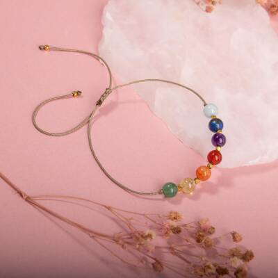 Çakra-Akuamarin-Karnelyan Akik-Yeşil Aventurin-Lapis-Sitrin-Ametist-Kırmızı Akik Doğal Taş Bileklik - 5