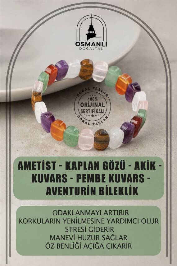 Çakra Bileklik Ametist, Kaplan Gözü, Akik, Kuvars, Pembe Kuvars, Aventurin - 1