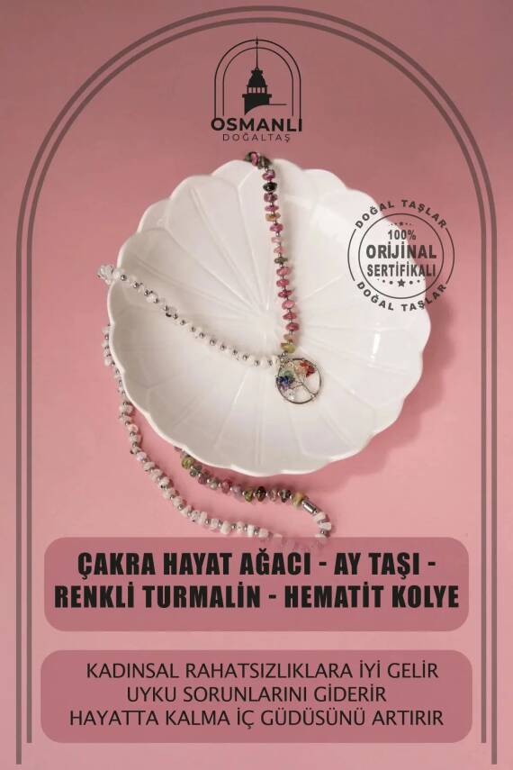 Çakra Hayat Ağacı-Ay Taşı-Renkli Turmalin Doğal Taş Kolye - 2