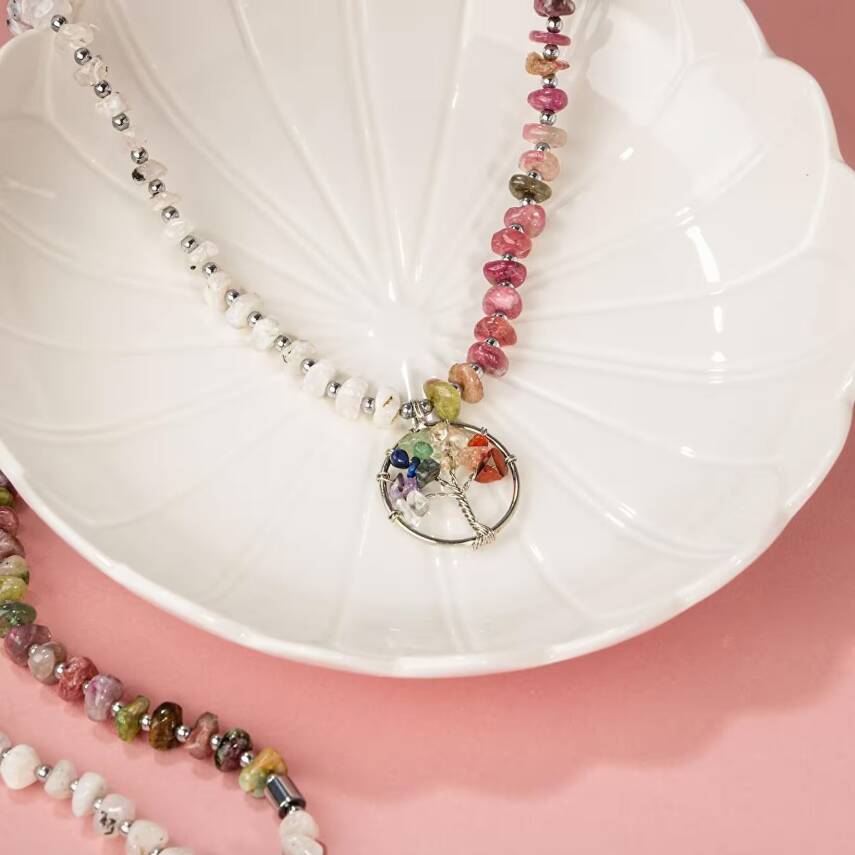 Çakra Hayat Ağacı-Ay Taşı-Renkli Turmalin Doğal Taş Kolye - 3