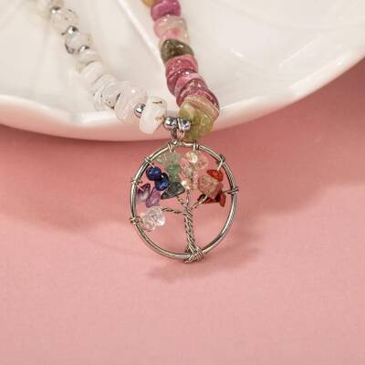 Çakra Hayat Ağacı-Ay Taşı-Renkli Turmalin Doğal Taş Kolye - 4