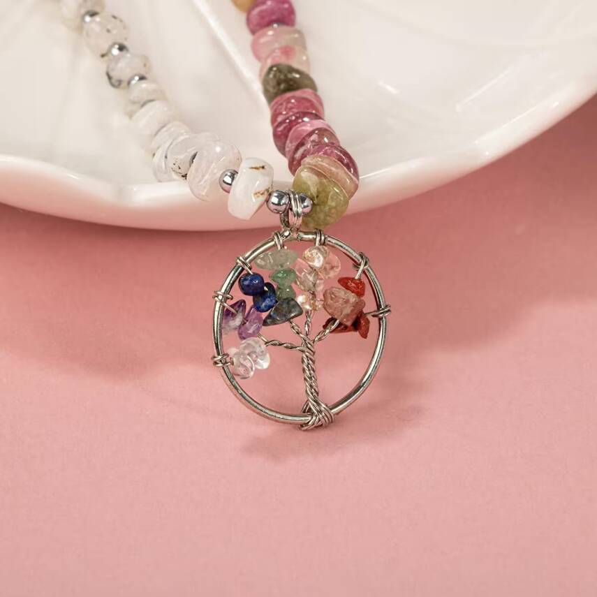 Çakra Hayat Ağacı-Ay Taşı-Renkli Turmalin Doğal Taş Kolye - 4