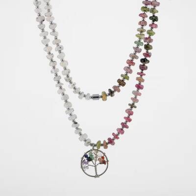 Çakra Hayat Ağacı-Ay Taşı-Renkli Turmalin Doğal Taş Kolye - 6