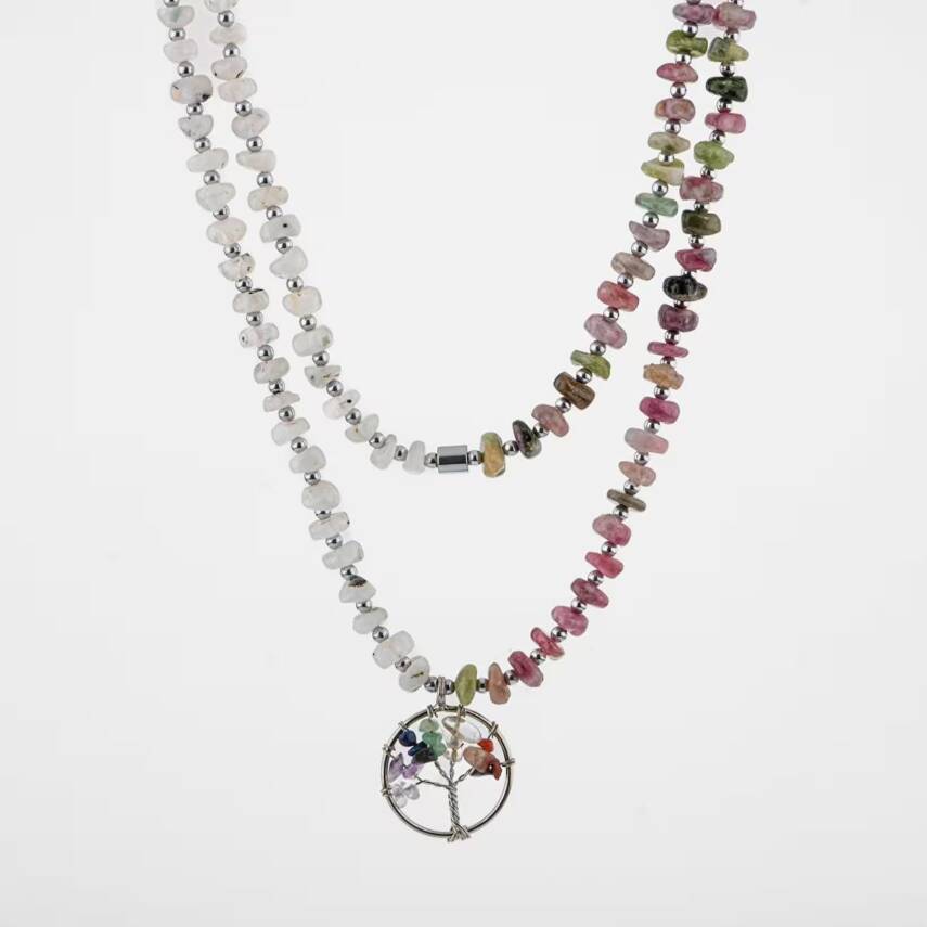 Çakra Hayat Ağacı-Ay Taşı-Renkli Turmalin Doğal Taş Kolye - 6