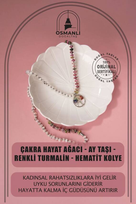 Çakra Hayat Ağacı-Ay Taşı-Renkli Turmalin Doğal Taş Kolye - 1