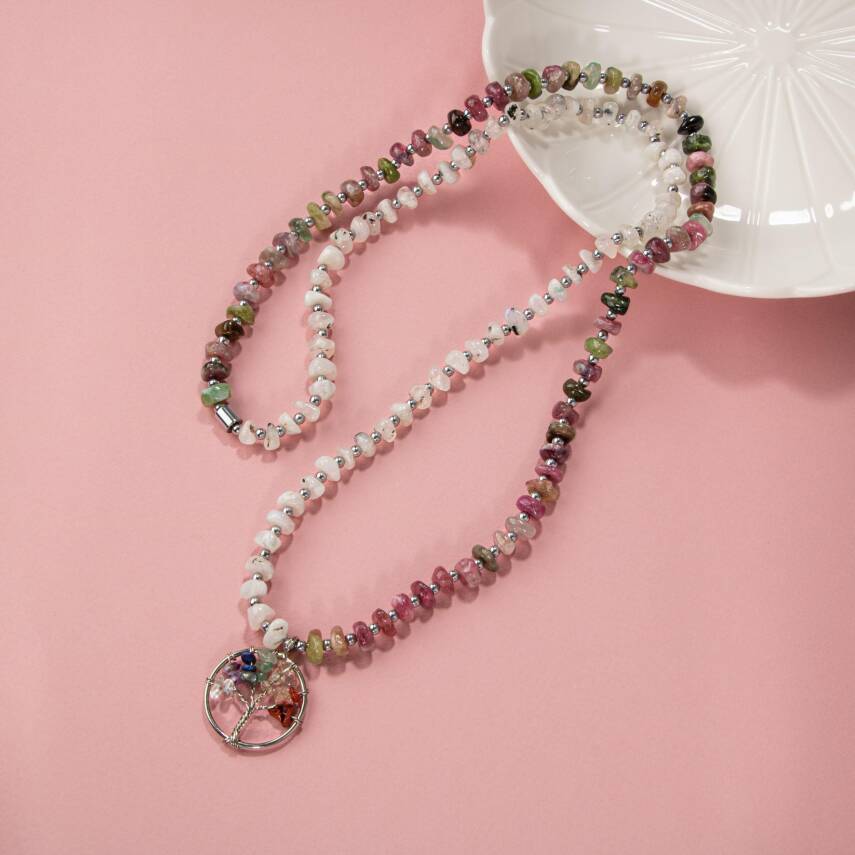 Çakra Hayat Ağacı-Ay Taşı-Renkli Turmalin Doğal Taş Kolye - 2