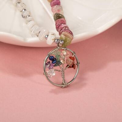 Çakra Hayat Ağacı-Ay Taşı-Renkli Turmalin Doğal Taş Kolye - 3
