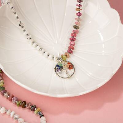 Çakra Hayat Ağacı-Ay Taşı-Renkli Turmalin Doğal Taş Kolye - 4