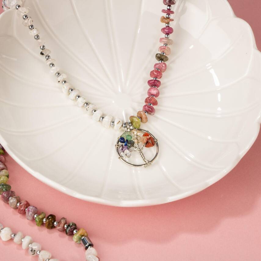 Çakra Hayat Ağacı-Ay Taşı-Renkli Turmalin Doğal Taş Kolye - 4