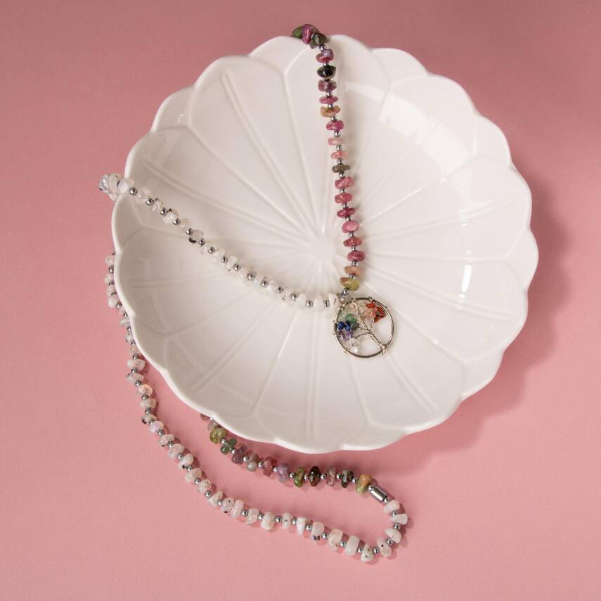 Çakra Hayat Ağacı-Ay Taşı-Renkli Turmalin Doğal Taş Kolye - 5