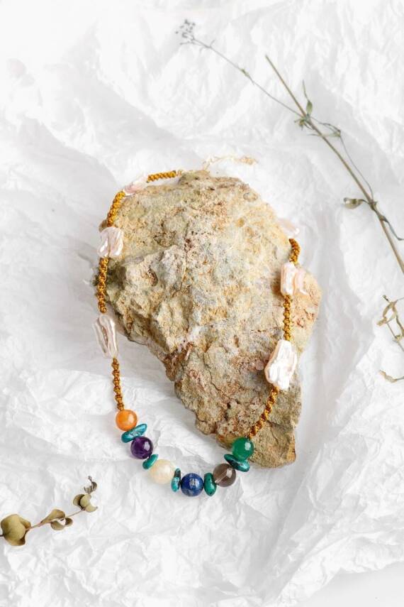 Çakra İnci Kolye Ametist, Dumanlı Kuvars, İnci, Lapis Lazuli, Sitrin - 4