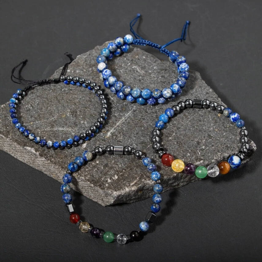 Çakra-Lapis Bileklik Seti Ametist, Kaplan Gözü, Akik, Kuvars, Lapis - 4