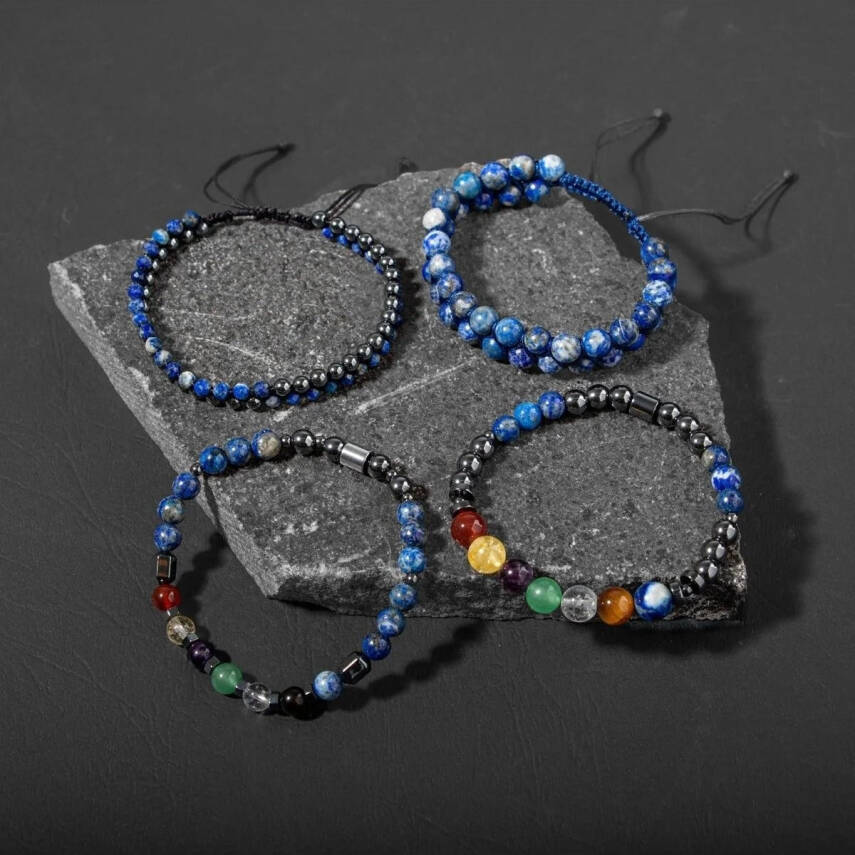 Çakra-Lapis Bileklik Seti Ametist, Kaplan Gözü, Akik, Kuvars, Lapis - 5