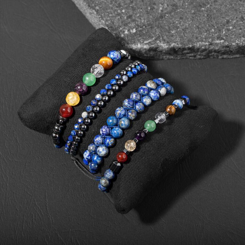 Çakra-Lapis Bileklik Seti Ametist, Kaplan Gözü, Akik, Kuvars, Lapis - 2