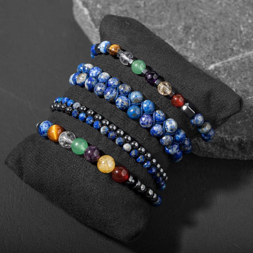 Çakra-Lapis Bileklik Seti Ametist, Kaplan Gözü, Akik, Kuvars, Lapis - 3