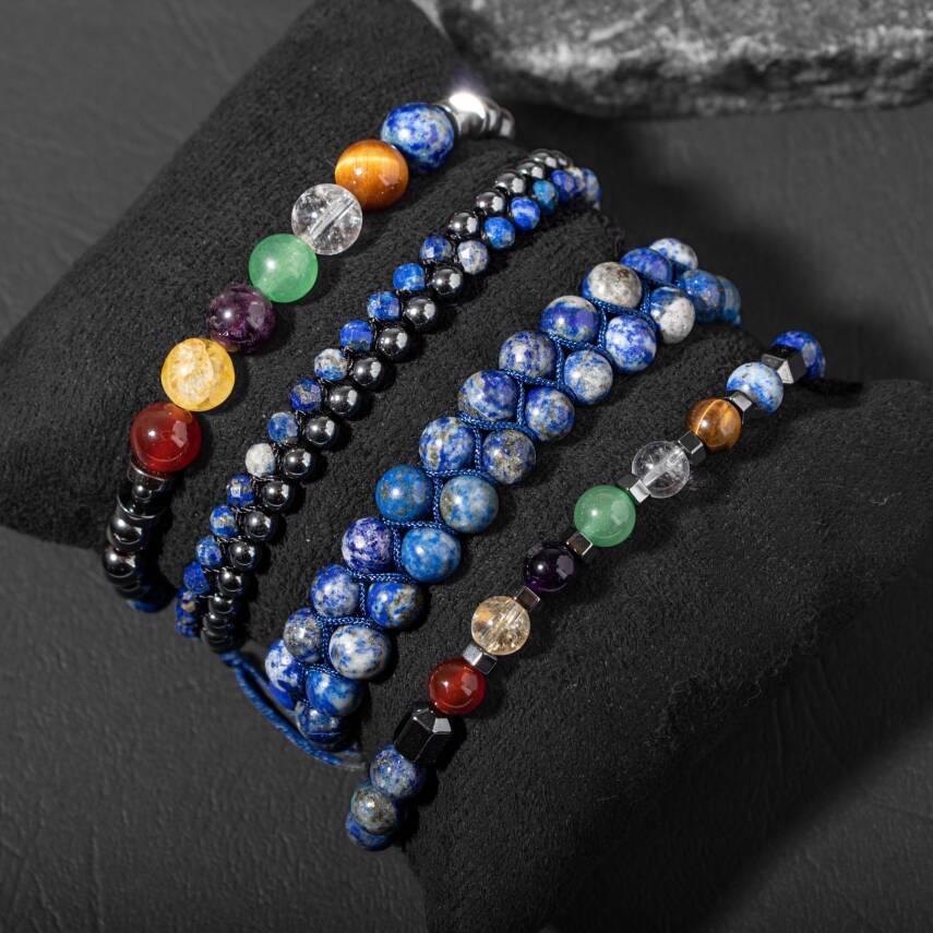 Çakra-Lapis Bileklik Seti Ametist, Kaplan Gözü, Akik, Kuvars, Lapis - 4