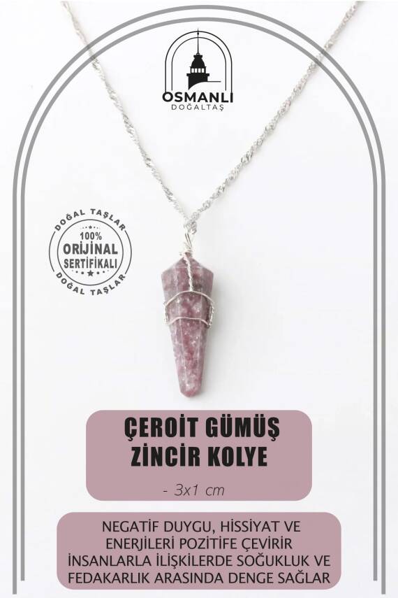 Çeroit Doğal Taş Kolye Ucu 3x1 cm, Gümüş Zincir - 1