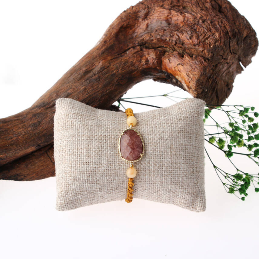 Çilek Kuvars-Kalsit Doğal Taş Makrome Örgü Bileklik - 2