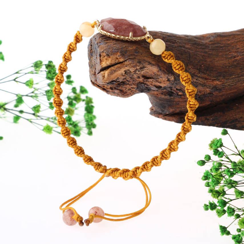 Çilek Kuvars-Kalsit Doğal Taş Makrome Örgü Bileklik - 3