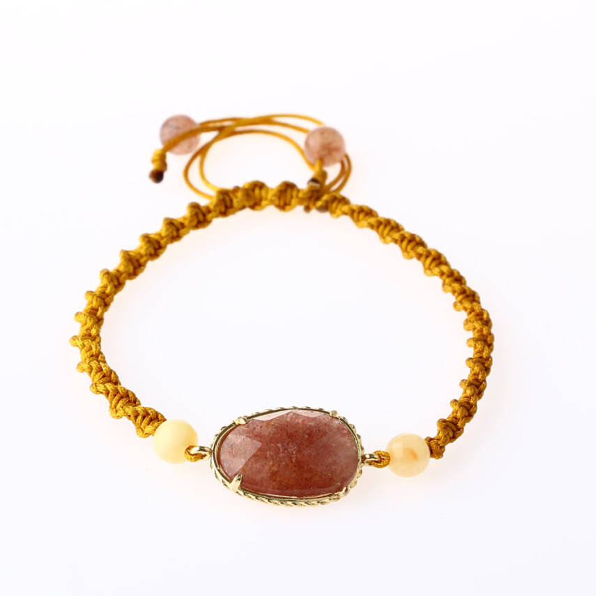 Çilek Kuvars-Kalsit Doğal Taş Makrome Örgü Bileklik - 5