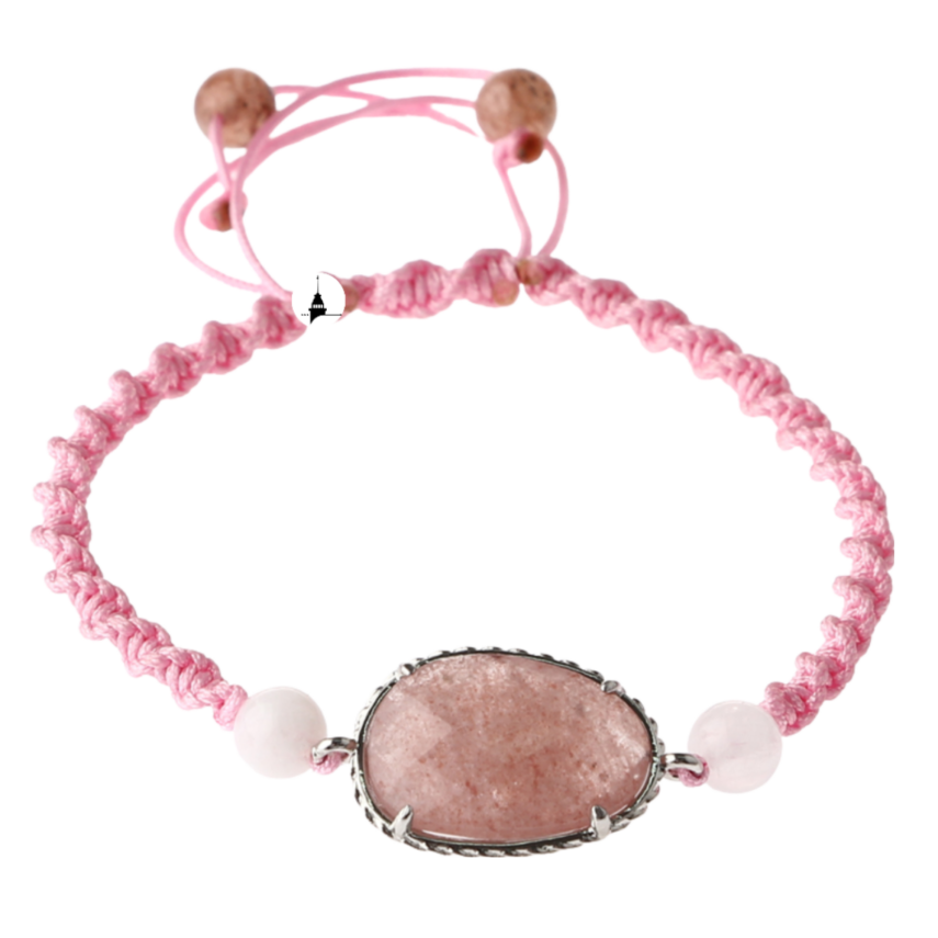 Çilek Kuvars-Pembe Kuvars Doğal Taş Makrome Örgü Bileklik - 1