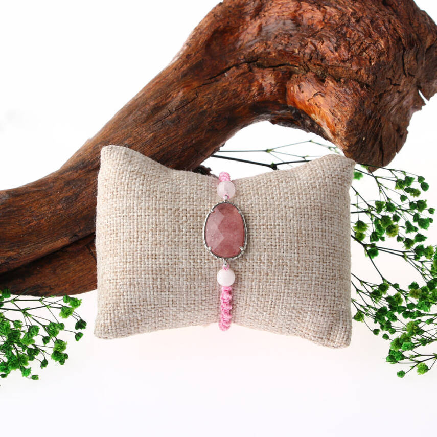 Çilek Kuvars-Pembe Kuvars Doğal Taş Makrome Örgü Bileklik - 2