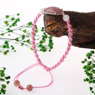 Çilek Kuvars-Pembe Kuvars Doğal Taş Makrome Örgü Bileklik - 3