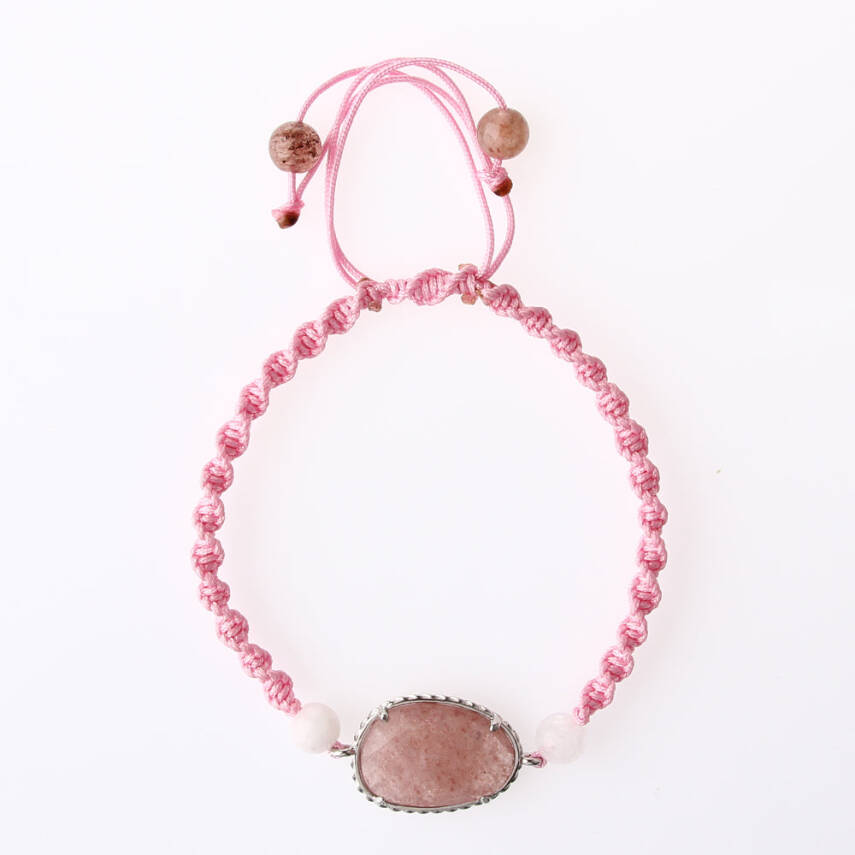 Çilek Kuvars-Pembe Kuvars Doğal Taş Makrome Örgü Bileklik - 5