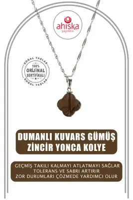 Dumanlı Kuvars Doğal Taş Gümüş Zincir Yonca Kolye - 1