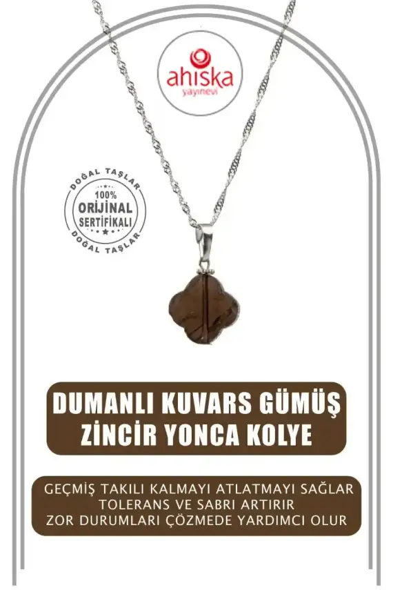 Dumanlı Kuvars Doğal Taş Gümüş Zincir Yonca Kolye - 1