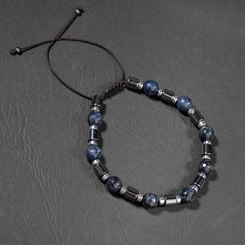 Dumortierit-Hematit Doğal Taş Erkek Makrome Bileklik - 3