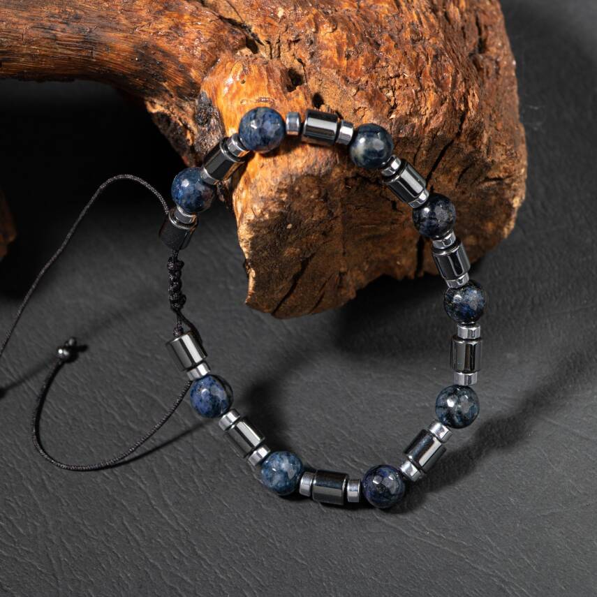 Dumortierit-Hematit Doğal Taş Erkek Makrome Bileklik - 5