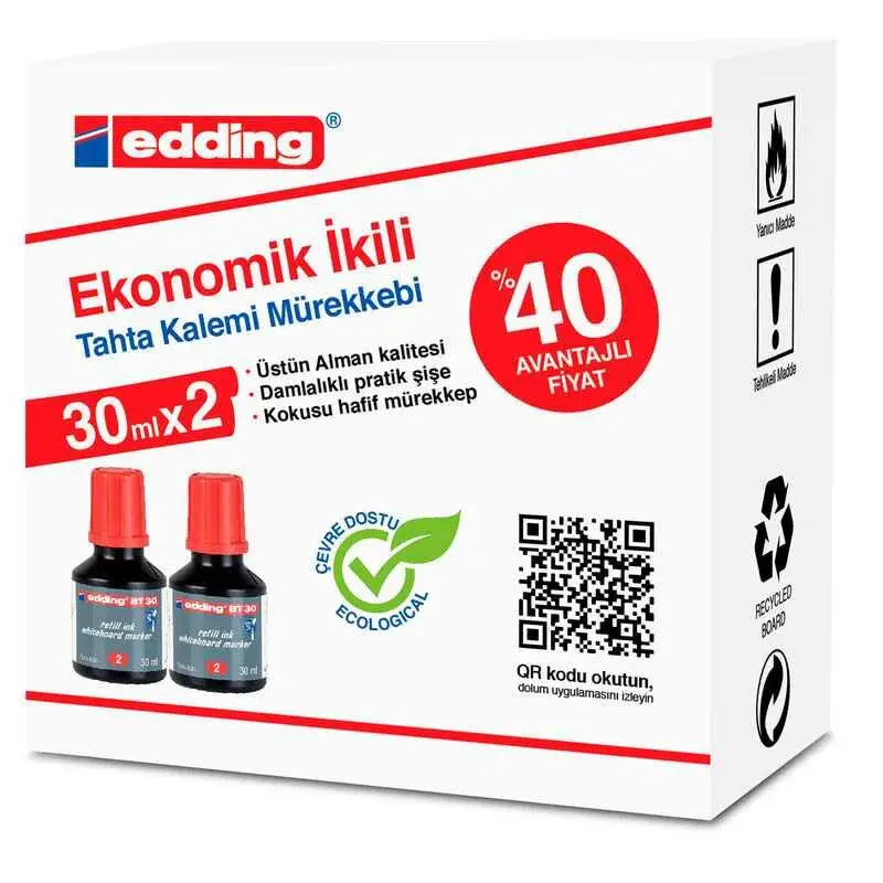 Edding Tahta Kalem Mürekkebi Kırmızı 2 Li 30ml BT30 - 1